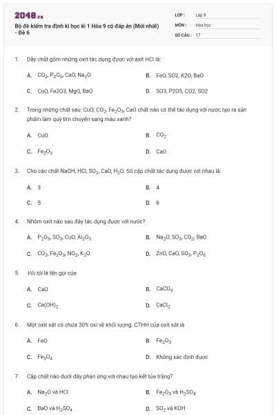 Bộ đề kiểm tra định kì học kì 1 Hóa 9 có đáp án (Mới nhất) - Đề 6