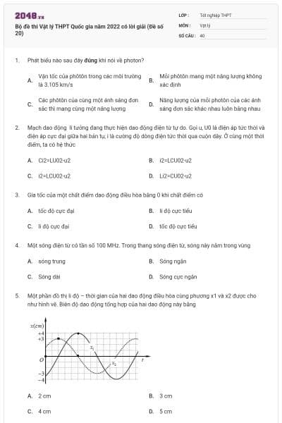 Bộ đề thi Vật lý THPT Quốc gia năm 2022 có lời giải (Đề số 20)