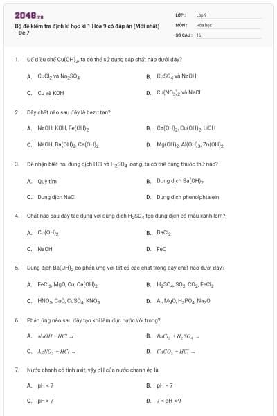Bộ đề kiểm tra định kì học kì 1 Hóa 9 có đáp án (Mới nhất) - Đề 7