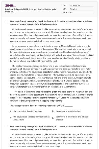 Bộ đề thi Tiếng anh THPT Quốc gia năm 2022 có lời giải ( Đề số 28 )