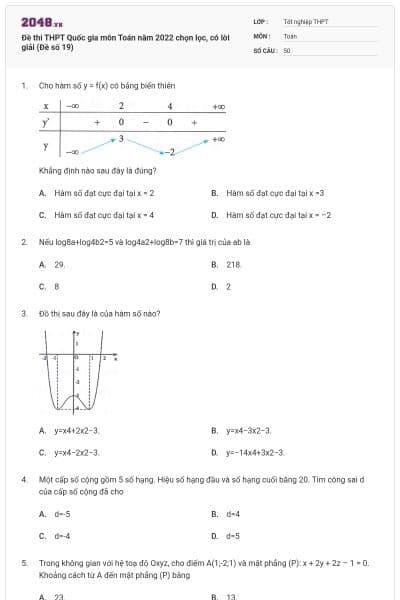 Đề thi THPT Quốc gia môn Toán năm 2022 chọn lọc, có lời giải (Đề số 19)