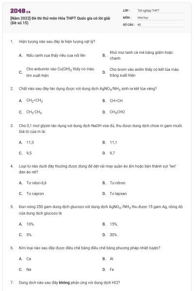 [Năm 2022] Đề thi thử môn Hóa THPT Quốc gia có lời giải (Đề số 15)