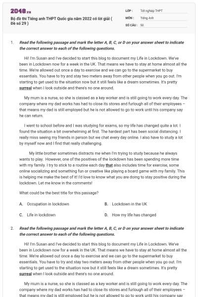 Bộ đề thi Tiếng anh THPT Quốc gia năm 2022 có lời giải ( Đề số 29 )