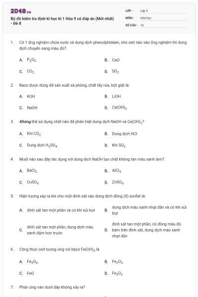 Bộ đề kiểm tra định kì học kì 1 Hóa 9 có đáp án (Mới nhất) - Đề 8
