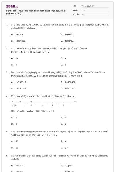 Đề thi THPT Quốc gia môn Toán năm 2022 chọn lọc, có lời giải (Đề số 21)