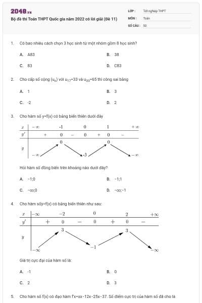 Bộ đề thi Toán THPT Quốc gia năm 2022 có lời giải (Đề 11)