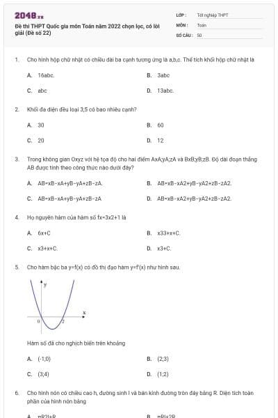 Đề thi THPT Quốc gia môn Toán năm 2022 chọn lọc, có lời giải (Đề số 22)