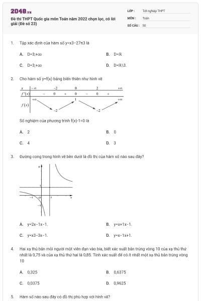 Đề thi THPT Quốc gia môn Toán năm 2022 chọn lọc, có lời giải (Đề số 23)