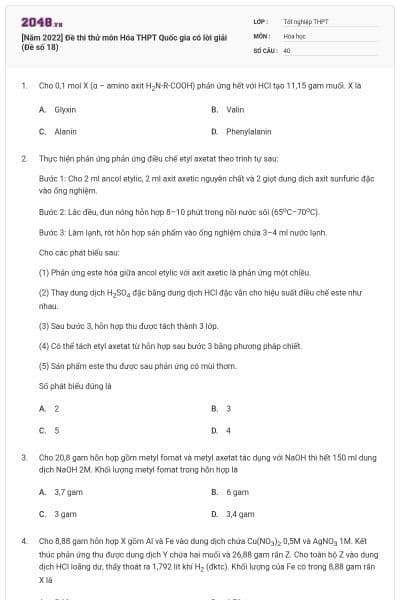 [Năm 2022] Đề thi thử môn Hóa THPT Quốc gia có lời giải (Đề số 18)