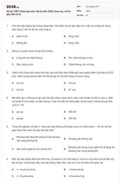 Đề thi THPT Quốc gia môn Vật lý năm 2022 chọn lọc, có lời giải (Đề số 6)