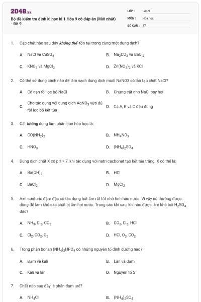 Bộ đề kiểm tra định kì học kì 1 Hóa 9 có đáp án (Mới nhất) - Đề 9