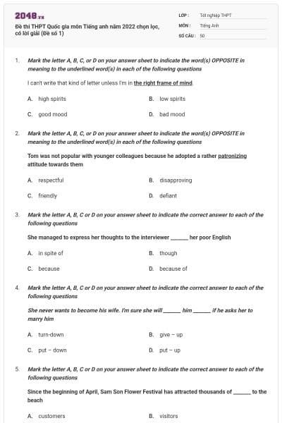 Đề thi THPT Quốc gia môn Tiếng anh năm 2022 chọn lọc, có lời giải (Đề số 1)