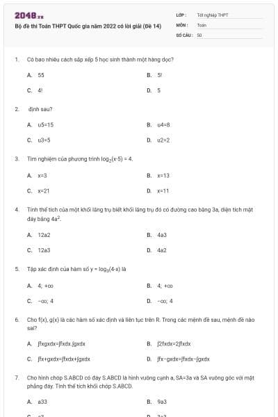 Bộ đề thi Toán THPT Quốc gia năm 2022 có lời giải (Đề 14)