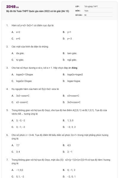 Bộ đề thi Toán THPT Quốc gia năm 2022 có lời giải (Đề 15)