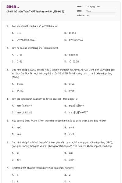 Đề thi thử môn Toán THPT Quốc gia có lời giải (Đề 2)