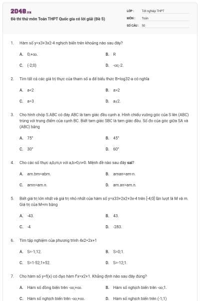 Đề thi thử môn Toán THPT Quốc gia có lời giải (Đề 5)