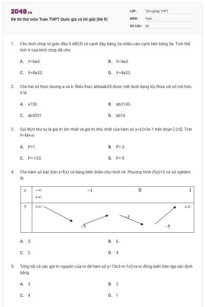 Đề thi thử môn Toán THPT Quốc gia có lời giải (Đề 8)