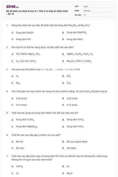 Bộ đề kiểm tra định kì học kì 1 Hóa 9 có đáp án (Mới nhất) - Đề 10