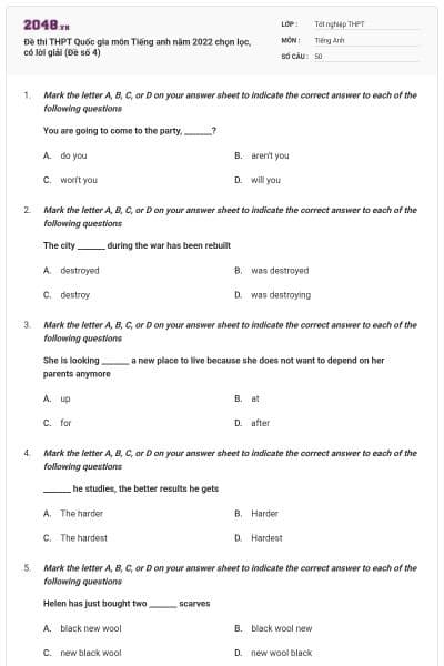 Đề thi THPT Quốc gia môn Tiếng anh năm 2022 chọn lọc, có lời giải (Đề số 4)