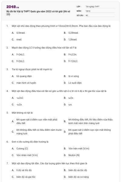 Bộ đề thi Vật lý THPT Quốc gia năm 2022 có lời giải (Đề số 23)