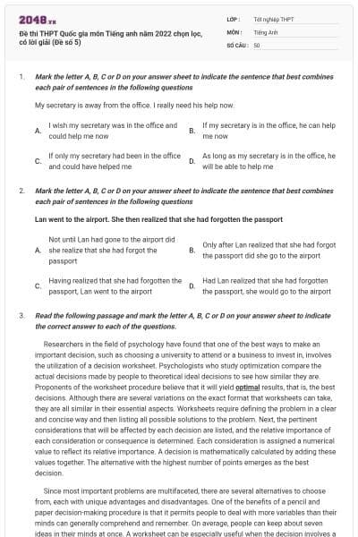 Đề thi THPT Quốc gia môn Tiếng anh năm 2022 chọn lọc, có lời giải (Đề số 5)