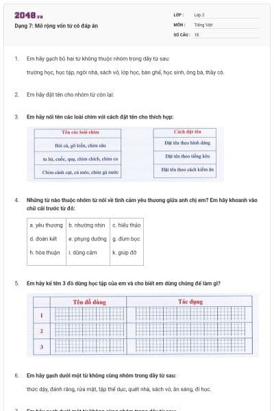 Dạng 7: Mở rộng vốn từ có đáp án