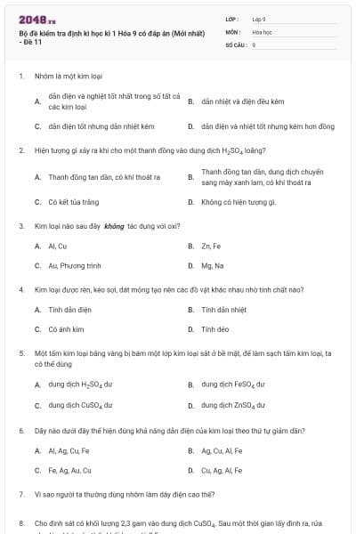 Bộ đề kiểm tra định kì học kì 1 Hóa 9 có đáp án (Mới nhất) - Đề 11