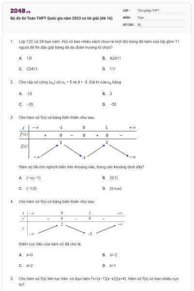 Bộ đề thi Toán THPT Quốc gia năm 2022 có lời giải (Đề 16)