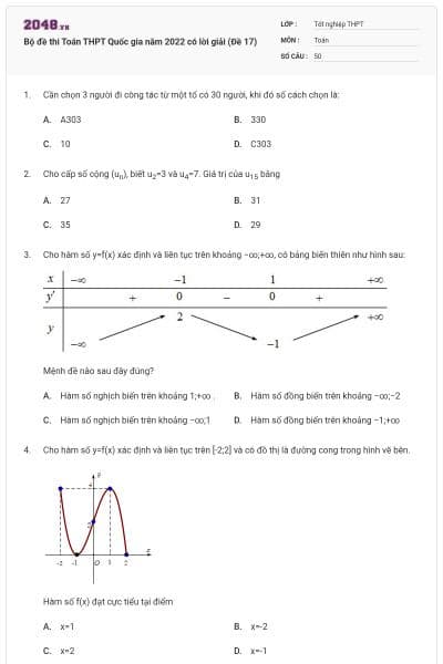 Bộ đề thi Toán THPT Quốc gia năm 2022 có lời giải (Đề 17)