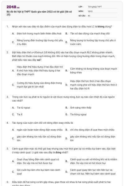Bộ đề thi Vật lý THPT Quốc gia năm 2022 có lời giải (Đề số 25)