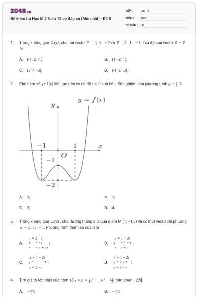 Đề kiểm tra Học kì 2 Toán 12 có đáp án (Mới nhất) - Đề 8