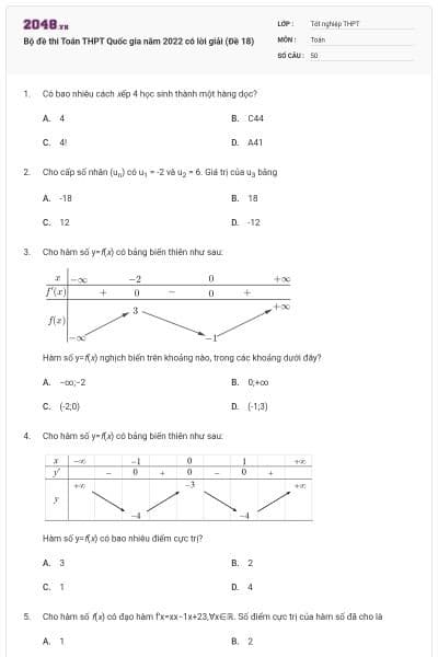 Bộ đề thi Toán THPT Quốc gia năm 2022 có lời giải (Đề 18)