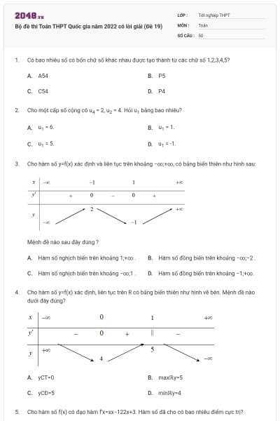 Bộ đề thi Toán THPT Quốc gia năm 2022 có lời giải (Đề 19)