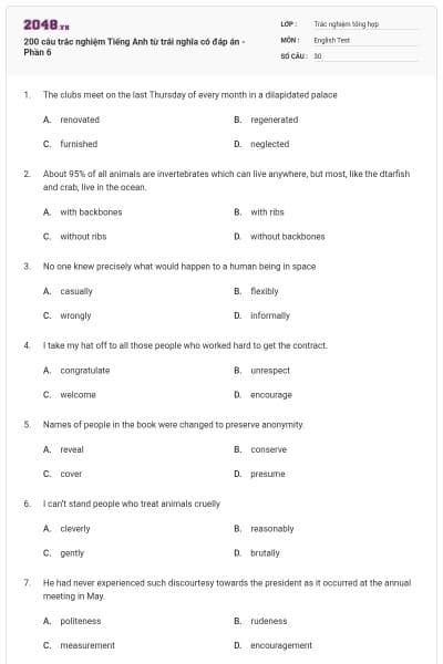 200 câu trắc nghiệm Tiếng Anh từ trái nghĩa có đáp án - Phần 6