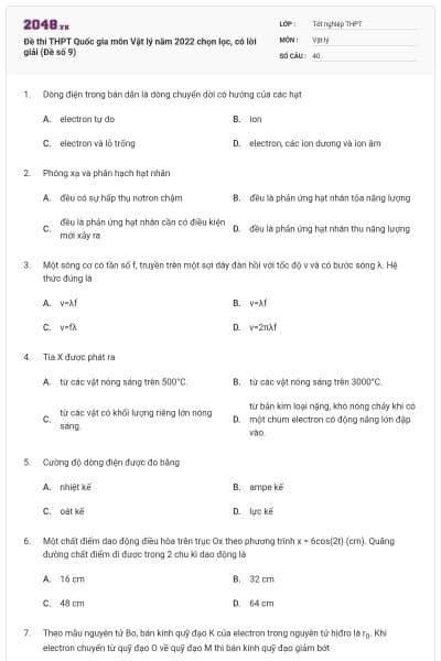 Đề thi THPT Quốc gia môn Vật lý năm 2022 chọn lọc, có lời giải (Đề số 9)
