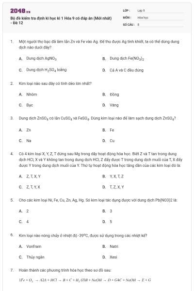 Bộ đề kiểm tra định kì học kì 1 Hóa 9 có đáp án (Mới nhất) - Đề 12