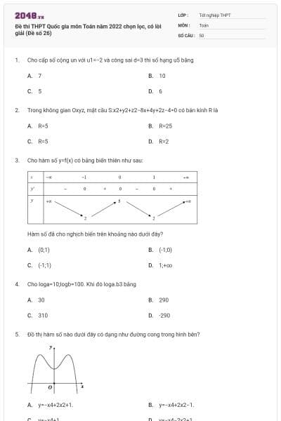 Đề thi THPT Quốc gia môn Toán năm 2022 chọn lọc, có lời giải (Đề số 26)