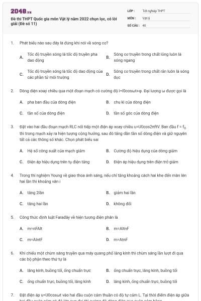 Đề thi THPT Quốc gia môn Vật lý năm 2022 chọn lọc, có lời giải (Đề số 11)