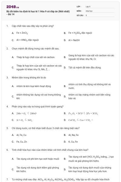 Bộ đề kiểm tra định kì học kì 1 Hóa 9 có đáp án (Mới nhất) - Đề 14