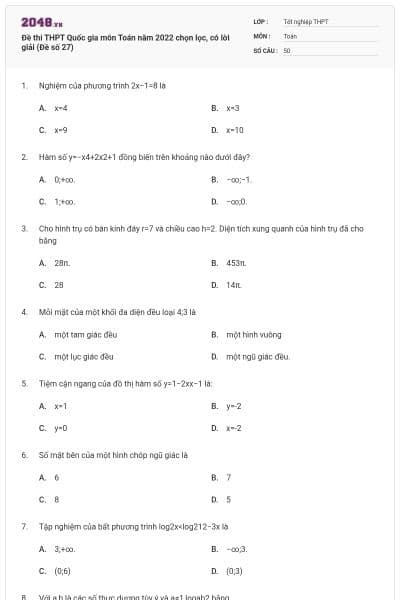 Đề thi THPT Quốc gia môn Toán năm 2022 chọn lọc, có lời giải (Đề số 27)