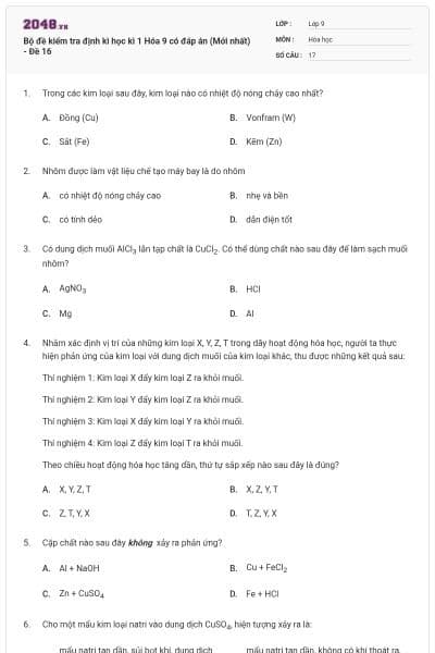 Bộ đề kiểm tra định kì học kì 1 Hóa 9 có đáp án (Mới nhất) - Đề 16