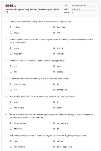 300 Câu trắc nghiệm tiếng Anh tìm lỗi sai có đáp án - Phần 10