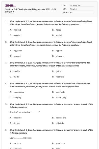 30 đề thi THPT Quốc gia môn Tiếng Anh năm 2022 có lời giải (Đề 3)