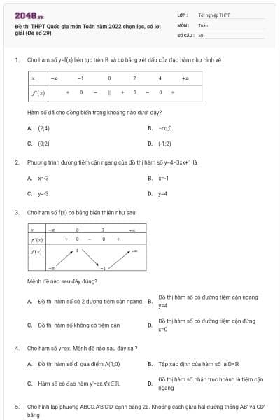 Đề thi THPT Quốc gia môn Toán năm 2022 chọn lọc, có lời giải (Đề số 29)