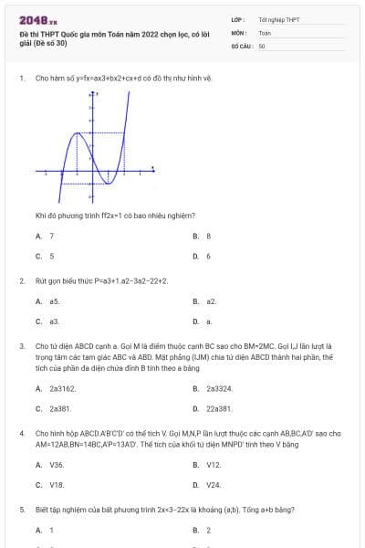 Đề thi THPT Quốc gia môn Toán năm 2022 chọn lọc, có lời giải (Đề số 30)