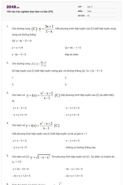 100 câu trắc nghiệm Đạo hàm cơ bản (P4)