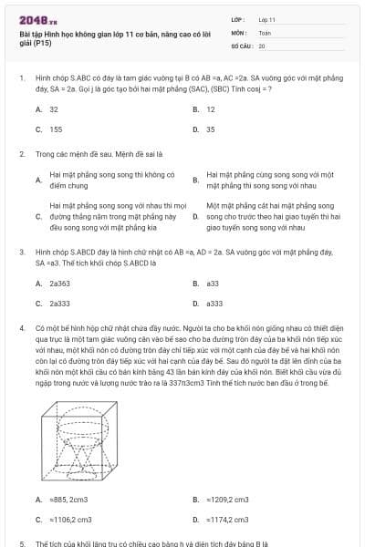Bài tập Hình học không gian lớp 11 cơ bản, nâng cao có lời giải (P15)