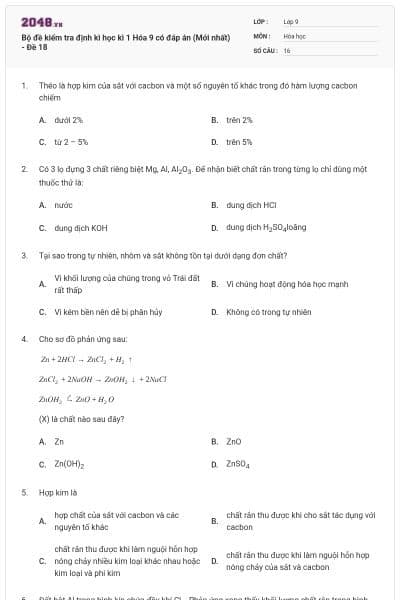 Bộ đề kiểm tra định kì học kì 1 Hóa 9 có đáp án (Mới nhất) - Đề 18