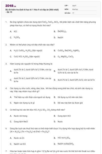 Bộ đề kiểm tra định kì học kì 1 Hóa 9 có đáp án (Mới nhất) - Đề 19