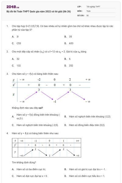 Bộ đề thi Toán THPT Quốc gia năm 2022 có lời giải (Đề 26)